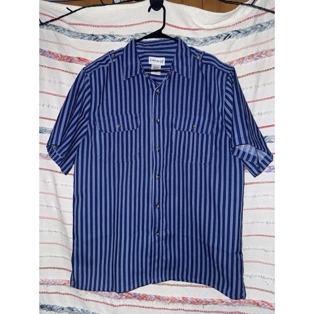 John Blair Button Up Shirt Men's L Blue Vertical Stripe Pocket Casual Preppy